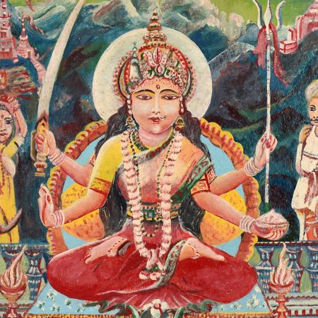 Oil Painting on Hardboard of Goddess Santoshi Mata in Divine Form